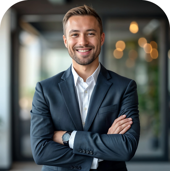Smiling man in a suit with a blurred background and social media icons.