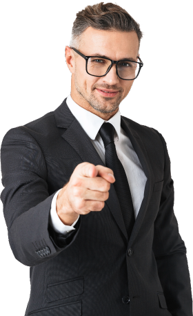Man in a suit and glasses pointing, promoting digital strategy services.