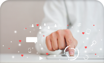 Hand clicking on a digital screen with social media icons and hearts.
