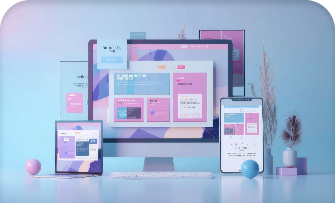 Multiple devices displaying a website design with a pastel background.