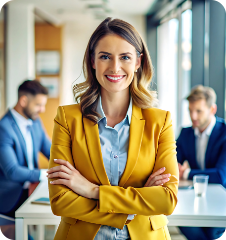 Smiling woman in a yellow blazer with colleagues in the background, showcasing services.